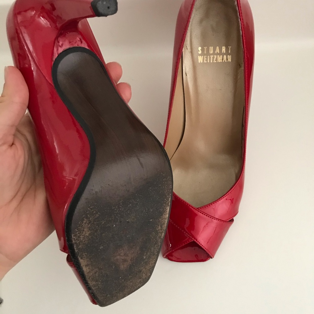 STUART WEITZMAN Patent Leather Peep Toe Red Heels - Picture 6 of 7